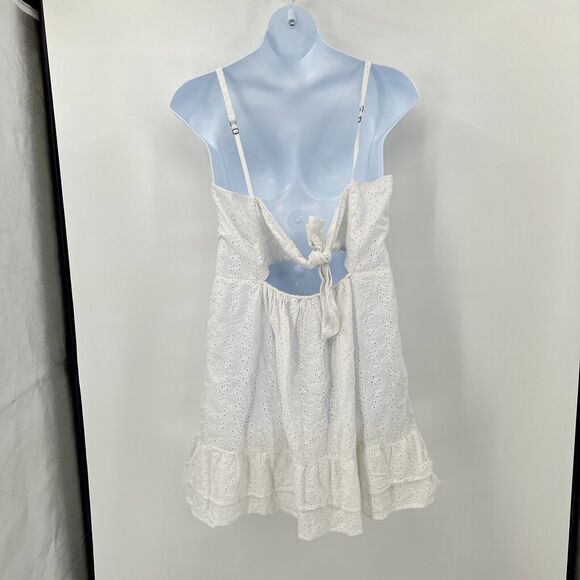 Hollister Mini Dress XL White Eyelet Coastal Fairycore Summer Ruffle‎ Tie Back - Picture 10 of 10
